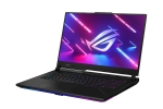 Off centered shot of the front side of the ROG Strix SCAR 17 with ROG Fearless Eye logo on screen