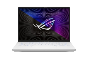 Front view of the Moonlight White ROG Zephyrus G14, with the ROG Fearless Eye logo on screen