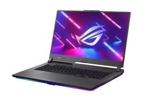 Off centered shot of the front side of the ROG Strix G17 with ROG Fearless Eye logo on screen