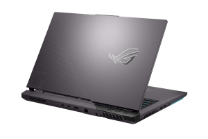 Off centered shot of the rear of the ROG Strix G17 with the ROG Fearless Eye logo on lid