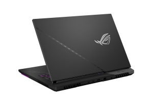 Off centered shot of the rear of the ROG Strix SCAR 17 with the ROG Fearless Eye logo on lid