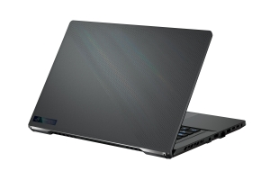 Rear view of the ROG Zephyrus G16 with the lid partially opened and emphasis on the Prismatic Film effect