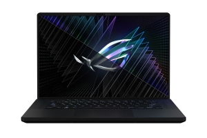 ROG Zephyrus M16 with the lid open and the ROG Fearless Eye logo visible on screen